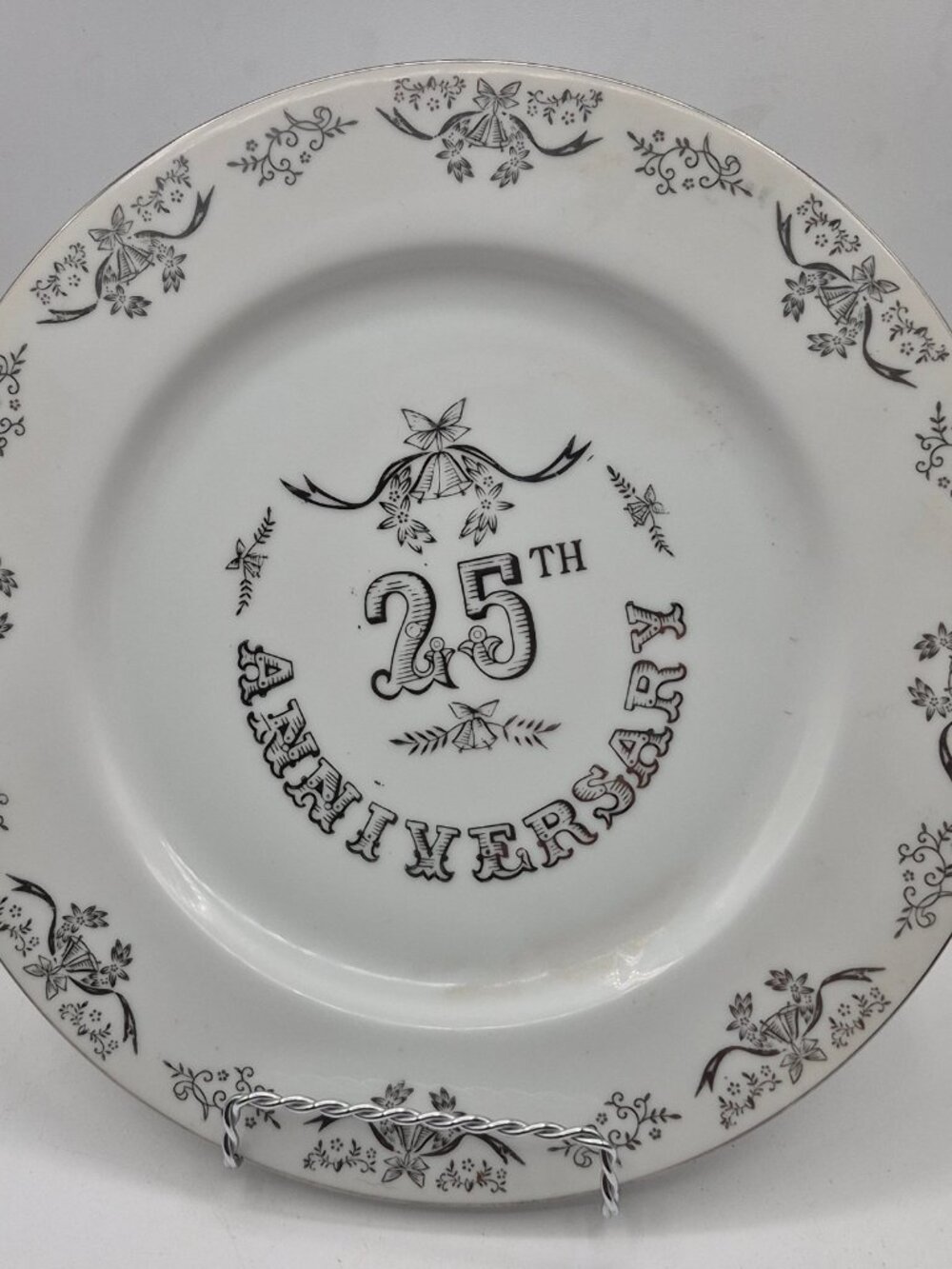 25th Anniversary Decorative Plate Black Floral Design With Hanger